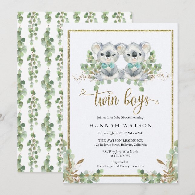 Invitation Bois koala Eucalyptus Twin Boys Baby shower (Devant / Derrière)