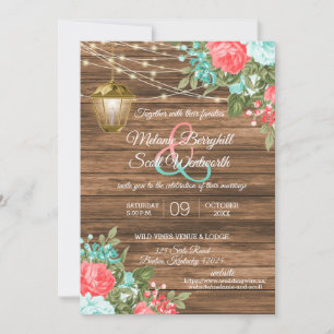 Invitation Bois, Lanterne et Turquoise, Mariage de fleurs de