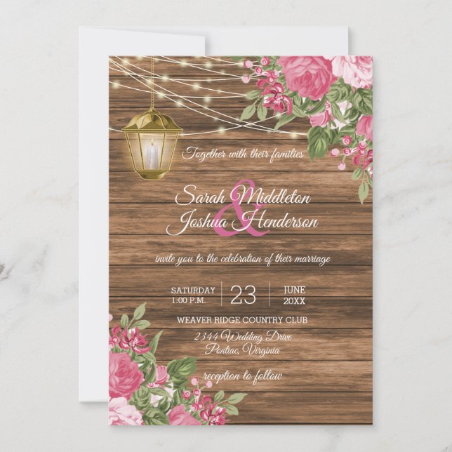 Invitation Bois, lanternes et Mariage à fleurs rose mauve (Devant)