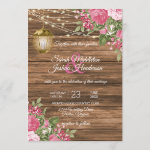 Invitation Bois, lanternes et Mariage à fleurs rose mauve
