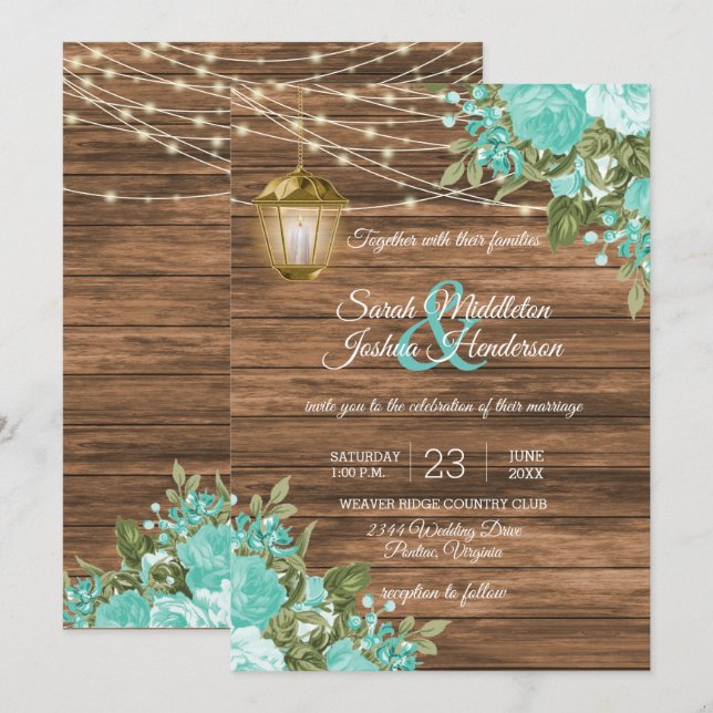 Invitation Bois, lanternes et Mariage Turquoise (Devant / Derrière)