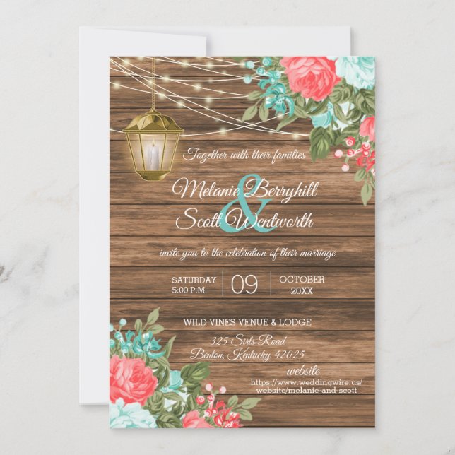 Invitation Bois, Lanternes et Turquoise, Mariage de fleurs de (Devant)