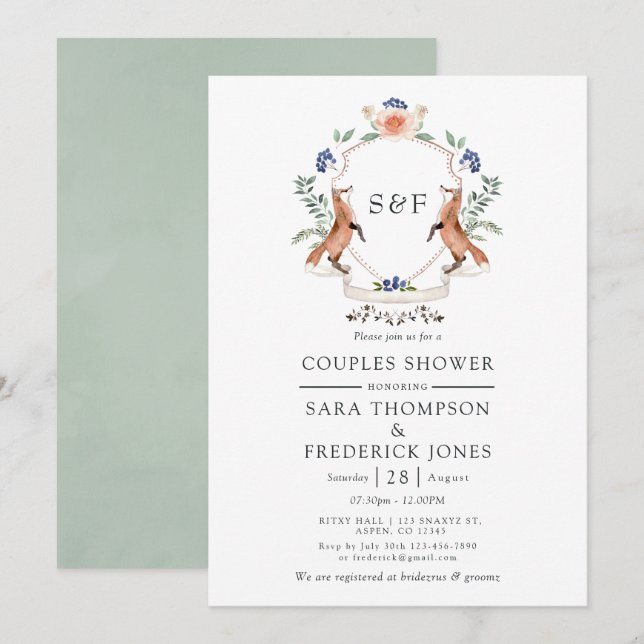 Invitation Bois Laurel Crest Monogramme Couples Douche Invi (Devant / Derrière)