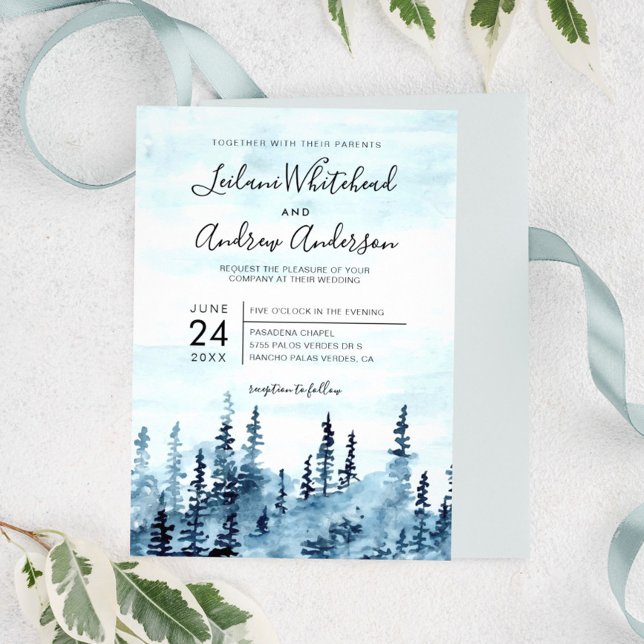 Invitation Bois Mariage bleu aquarelle de forêt (Créateur téléchargé)