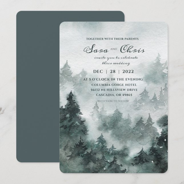 Invitation Bois | Mariage d'aquarelle de forêt (Devant / Derrière)