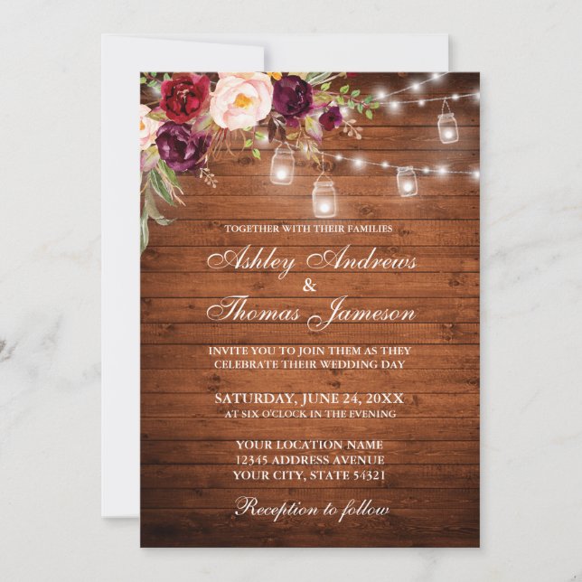 Invitation Bois Mariage rustique éclaire les jarres Floral (Devant)