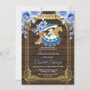 Invitation Bois mexicain Quinceanera Bleu Rose Fleurs 