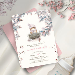 Invitation Bois neigeux Dusty Pink Bird's Nest Baby shower
