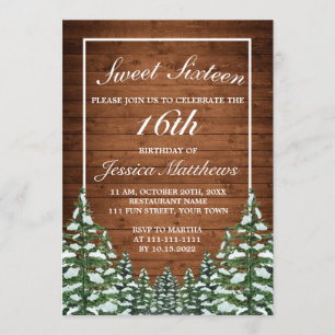 Invitation Bois neigeux et forêt Pin rural Tiara Sweet 16