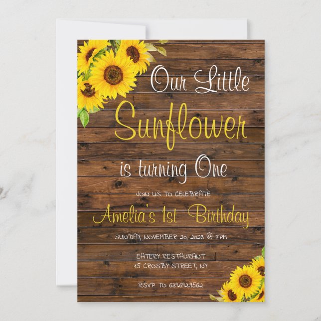 Invitation Bois Notre Petite Fleur De Soleil Floral Anniversa (Devant)