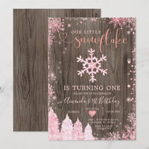 Invitation Bois Onederland Pink Snowflake 1er anniversaire