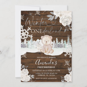 Invitation Bois Ours d'hiver Onederland Flocon de neige Anniv