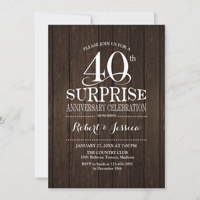 Invitation Bois pour 40e anniversaire de mariage surprise (Devant)