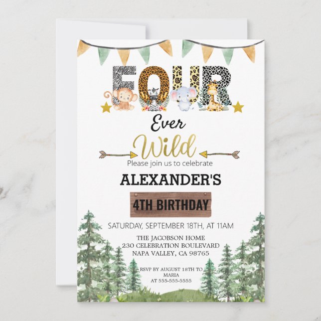 Invitation Bois quatre jamais l'Anniversaire sauvage (Devant)