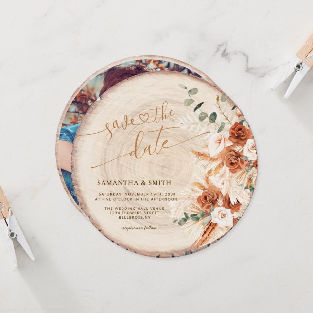 Invitation Bois rond rustique coupé Grain Enregistrer la cart (Devant/Arrière en situation)