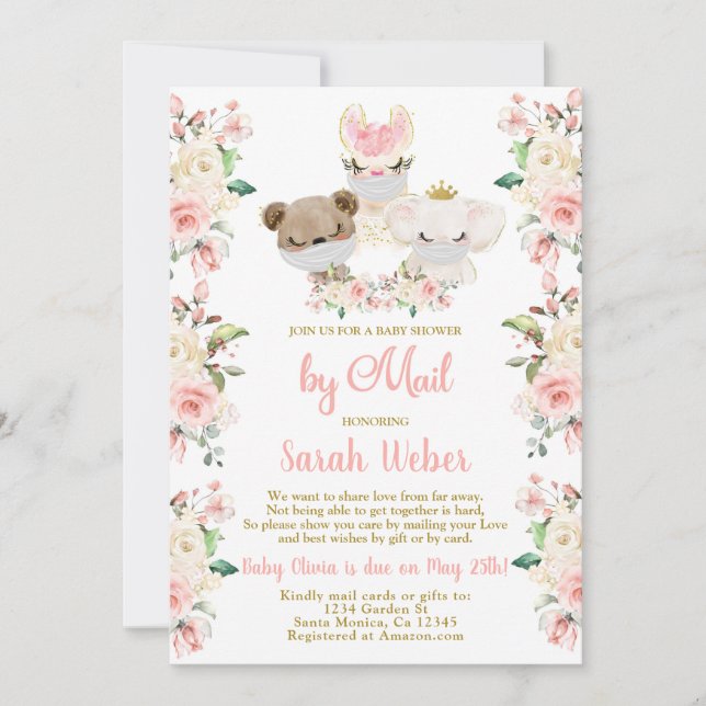 Invitation Bois rose Baby shower floral par fille de courrier (Devant)