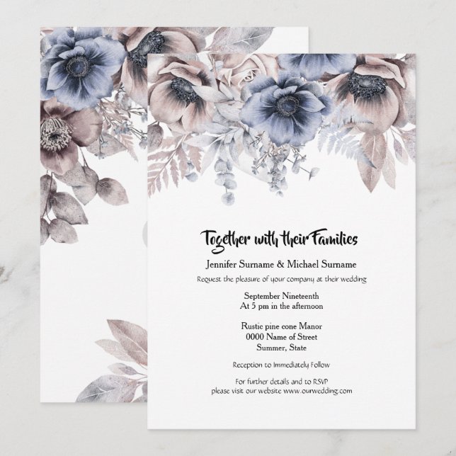 Invitation Bois rose bleu sombre rose anemone chic (Devant / Derrière)