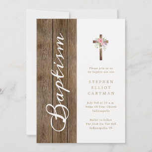 Invitation Bois rose doux Croix Élégant Script Baptême