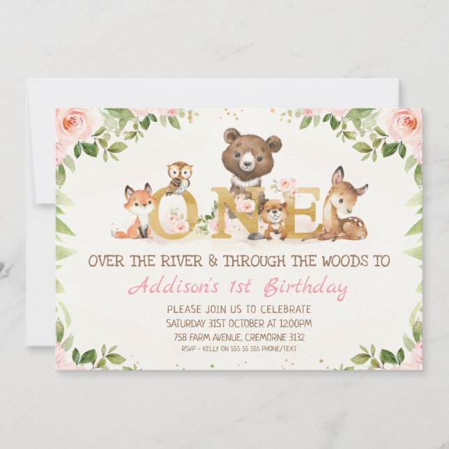 Invitation Bois rose Floral Animaux Premier anniversaire (Devant)