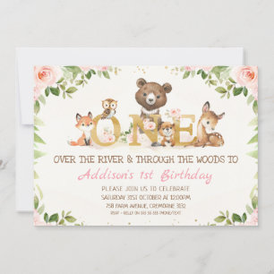 Invitation Bois rose Floral Animaux Premier Anniversaire