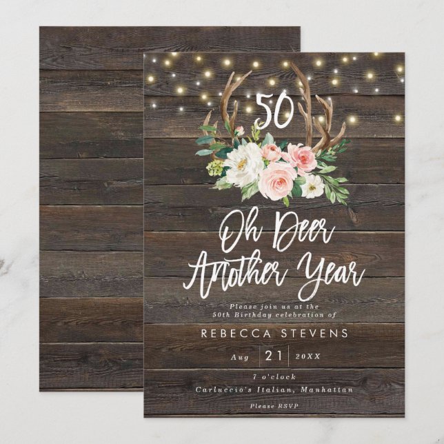 Invitation bois rose floral rustique lumières 50e anniversair (Devant / Derrière)