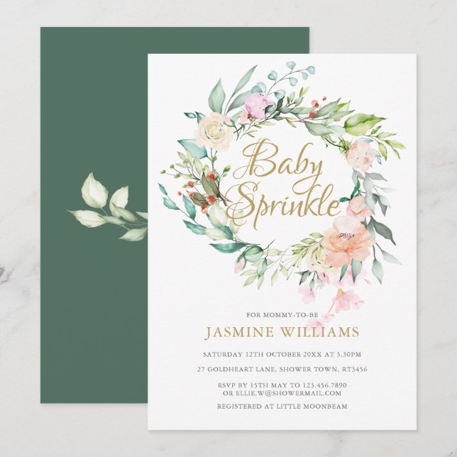 Invitation Bois Rose Gold Script Baby Sprinkle (Devant / Derrière)