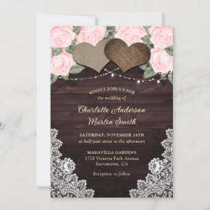 Invitation Bois rose Rustique Noir Coeurs Chaîne Lumières Flo