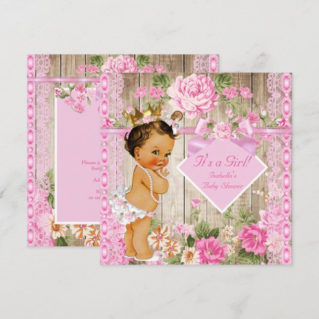 Invitation Bois rose rustique Princesse Baby shower Brunette (Devant / Derrière)