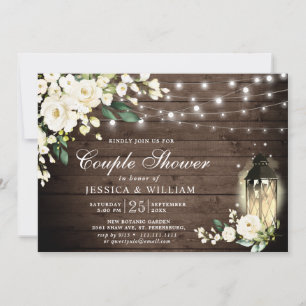 Invitation Bois Roses Blanches Lanterne Rustique Couple Douch