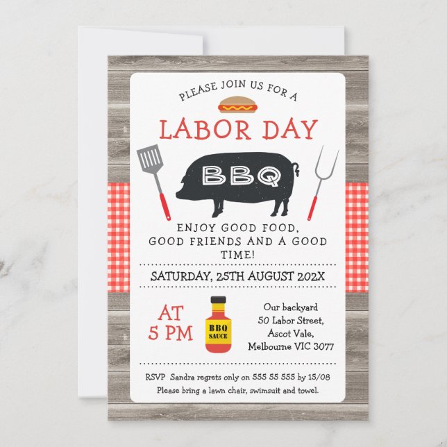 Invitation Bois Rouge Pâté Cochon Fête du Travail BBQ Invitat (Devant)