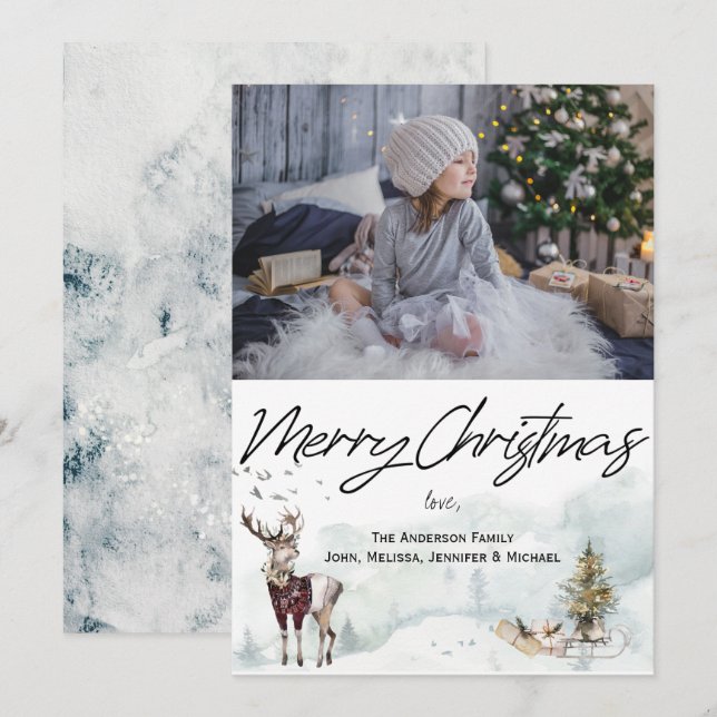 Invitation Bois rustique Animaux Aquarelle Photo de Noël (Devant / Derrière)
