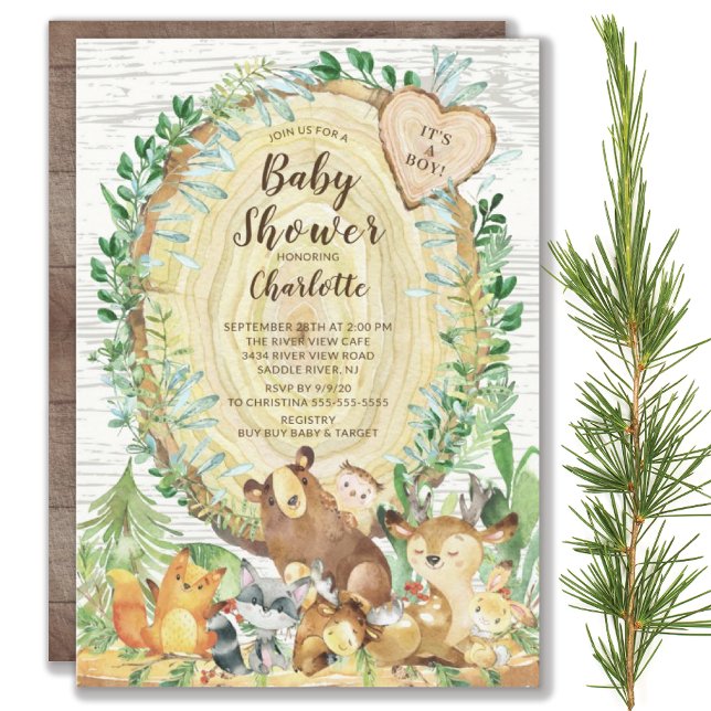 Invitation Bois rustique Animaux Baby shower garçons (Créateur téléchargé)