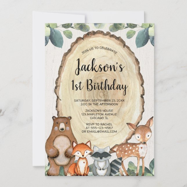 Invitation Bois rustique animaux garçons 1ère fête d'annivers (Devant)
