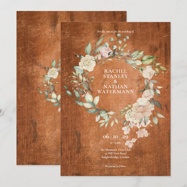 Invitation Bois rustique Aquarelle Verdure Floral Mariage (Devant / Derrière)