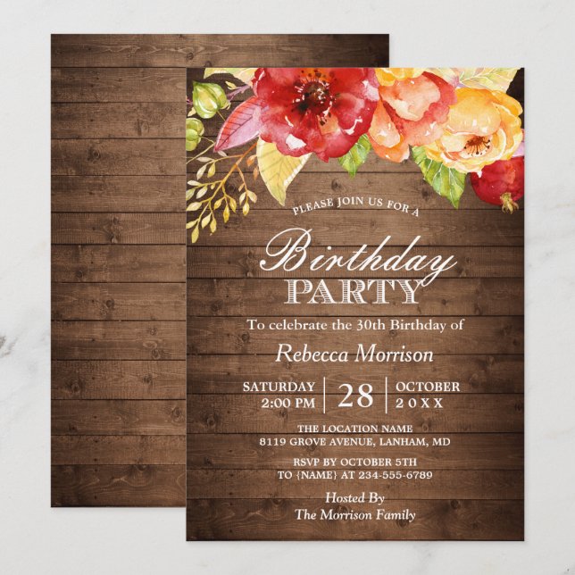 Invitation Bois rustique Automne Floral Automne Fête Annivers (Devant / Derrière)