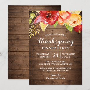 Invitation Bois rustique Automne Rouge Floral Thanksgiving Dî