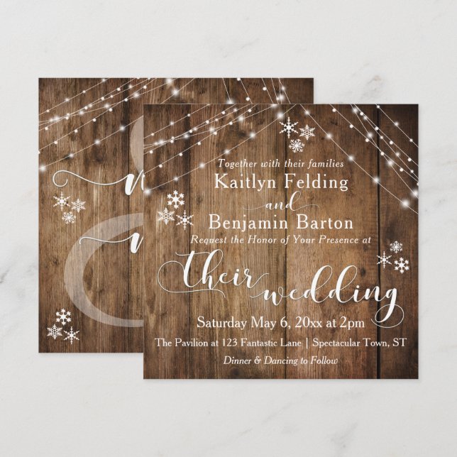 Invitation Bois rustique avec lumière blanche et Mariage de f (Devant / Derrière)