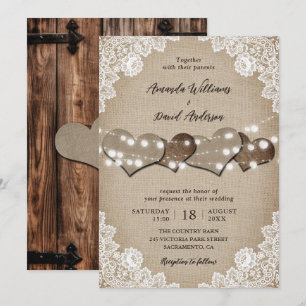 Invitation Bois rustique Beige Burlap Blanc Floral Mariage
