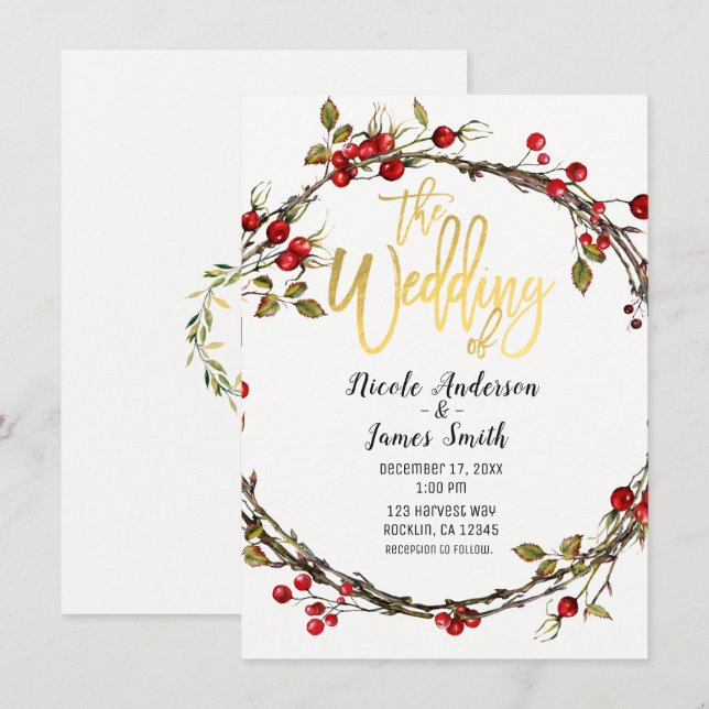 Invitation Bois rustique Berry Berry Wreath Mariage moderne (Devant / Derrière)