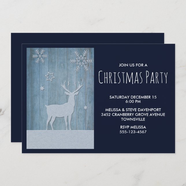 Invitation Bois rustique Bleu renne Pays Noël (Devant / Derrière)