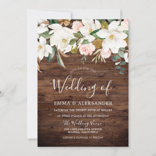 Invitation Bois rustique Blush & Mariage Floral blanc