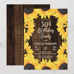 Invitation Bois rustique boisé  Fleurs de soleil 30e fête d'a