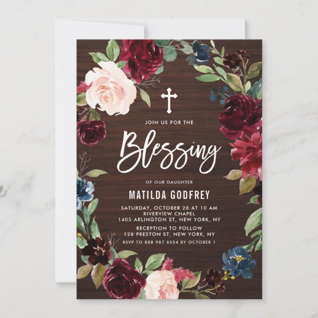 Invitation Bois rustique Bourgogne Chute Floral Wreath Blessi (Devant)