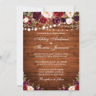Invitation Bois rustique Bourgogne Floral Lumières Mariage