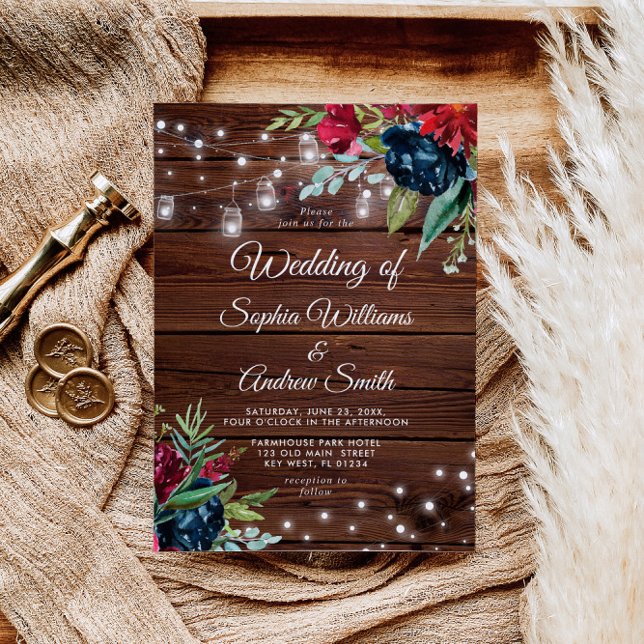 Invitation Bois rustique Bourgogne Floral Lumières Mariage (Créateur téléchargé)
