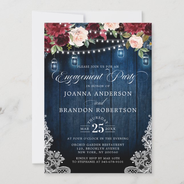 Invitation Bois rustique Bourgogne Floral Mason Jar Fiançaill (Devant)