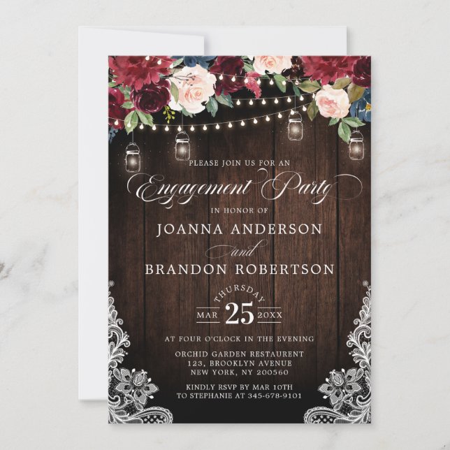 Invitation Bois rustique Bourgogne Floral Mason Jar Fiançaill (Devant)