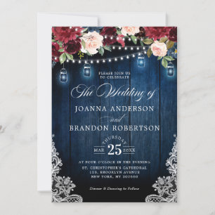 Invitation Bois rustique Bourgogne Floral Mason Jar Mariage