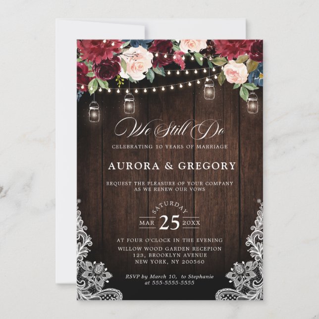 Invitation Bois rustique Bourgogne Floral Mason Jar Mariage I (Devant)