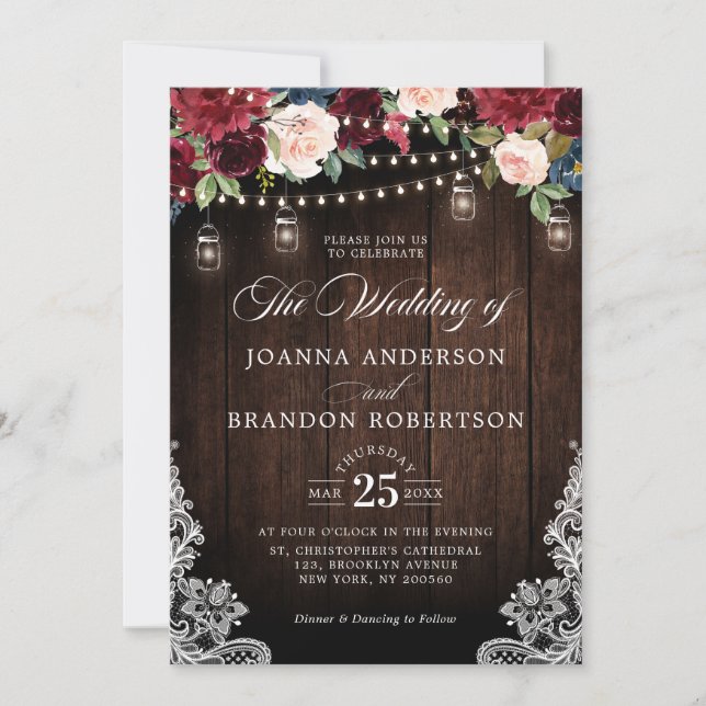 Invitation Bois rustique Bourgogne Floral Mason Jar Mariage I (Devant)